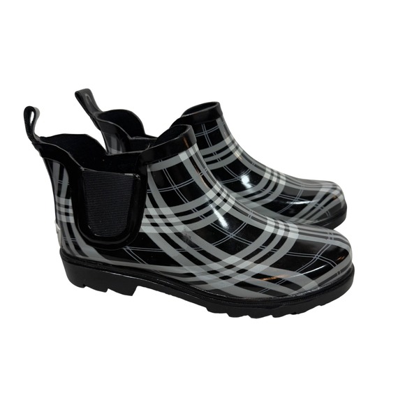 Womens Plaid Chelsea Ankle Rain Boots Black White Gray Size 7 Pull On - Picture 1 of 5